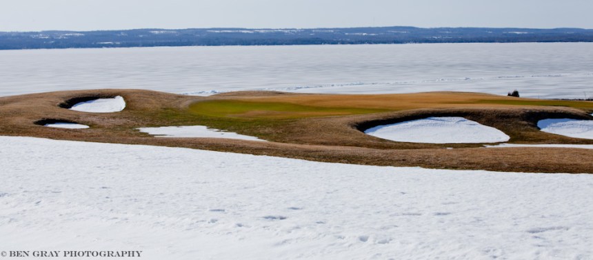A snowy golf course in spring (Cobble Beach, Georgian Bay)